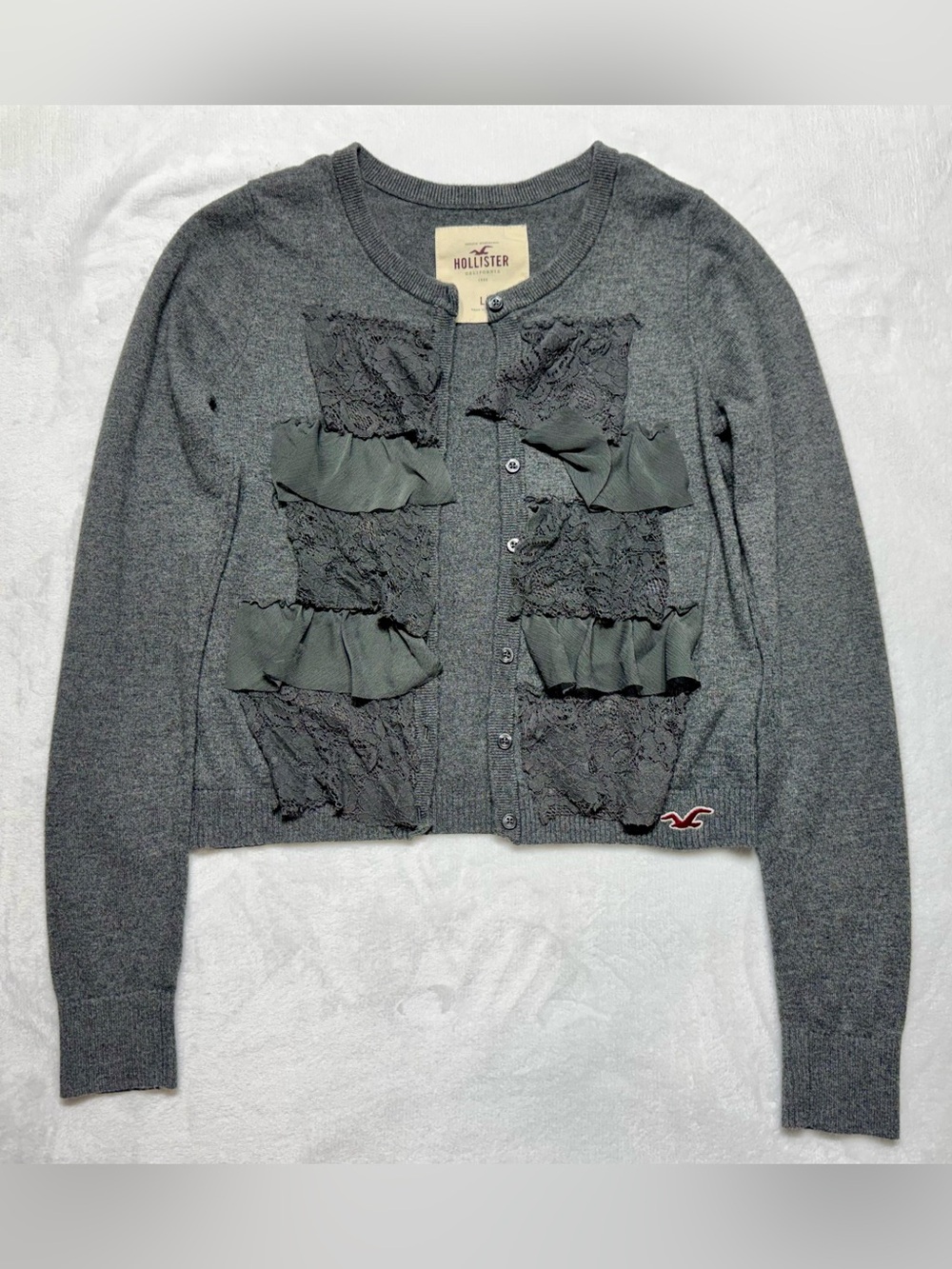 Vintage Y2K Hollister Knit Lace Ruffle Button Front Cardigan Sweater